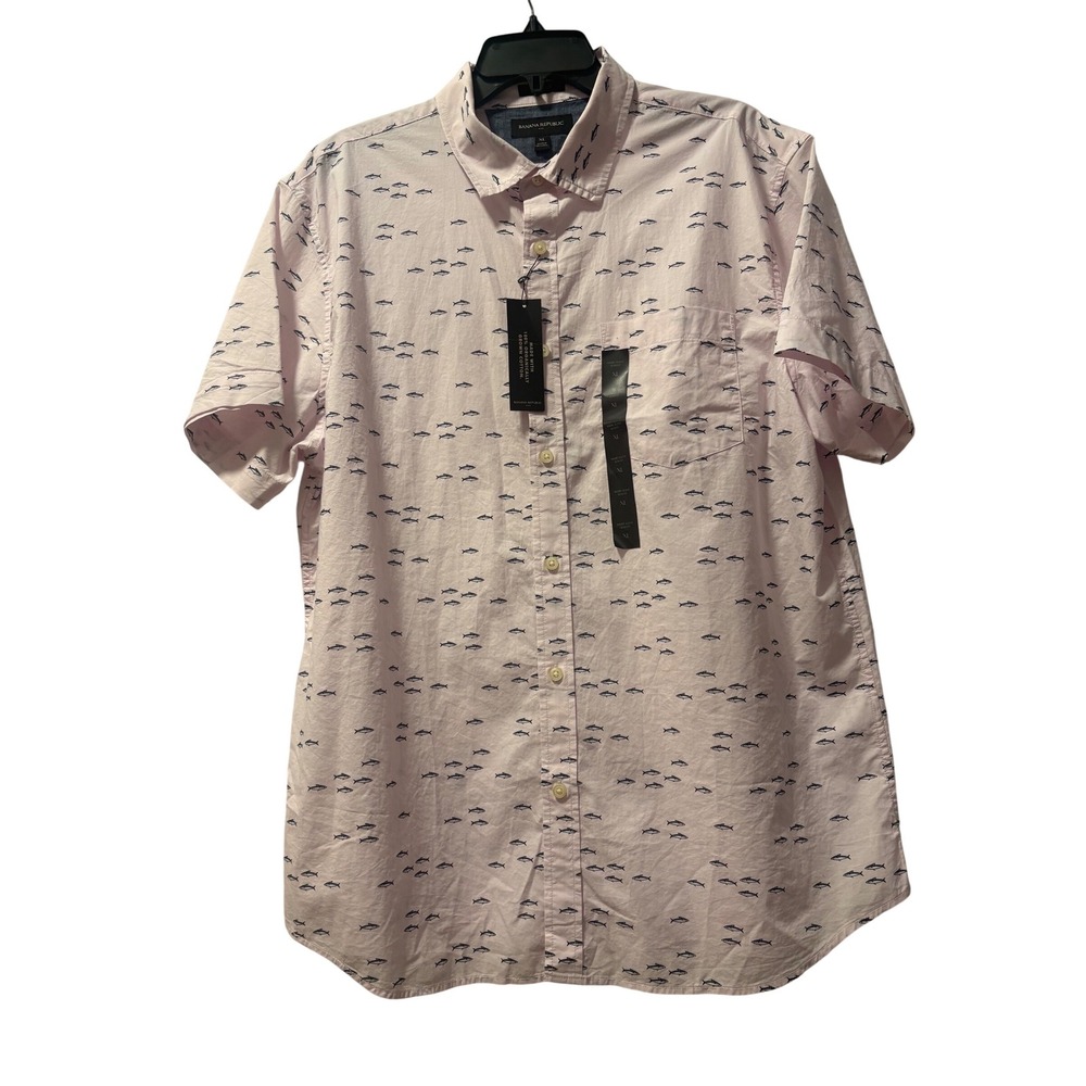 Banana Republic NWT Mens XL Pink Fish Print Short Sleeve Button‎ Down Shirt